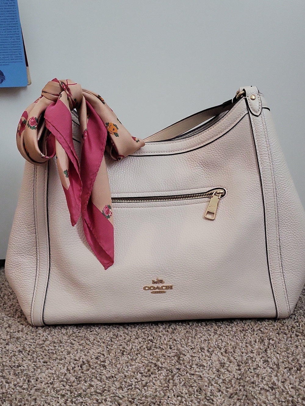 Coach Cream Pebbled Leather Shoulder Bag with Pink Scarf Accent